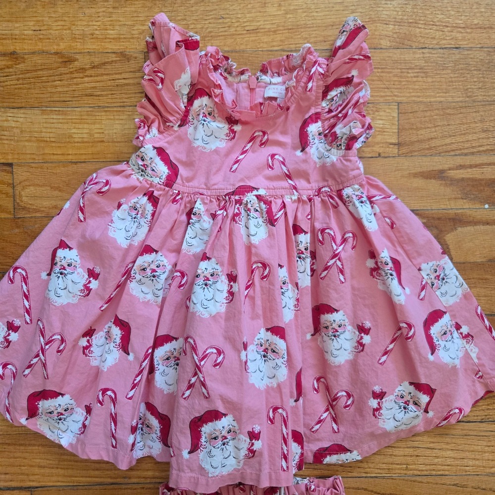 Pink Chicken Santa Candy Cane Pink Holiday Dress Bloomer Set 6-12M Kids - Picture 2 of 6